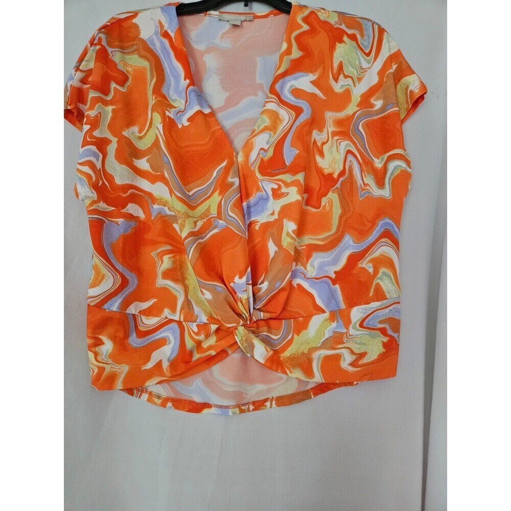 Lady's Sz L Orange Yellow Multi Print Knit Top by Sunny Leigh Cap Slv V-Nk